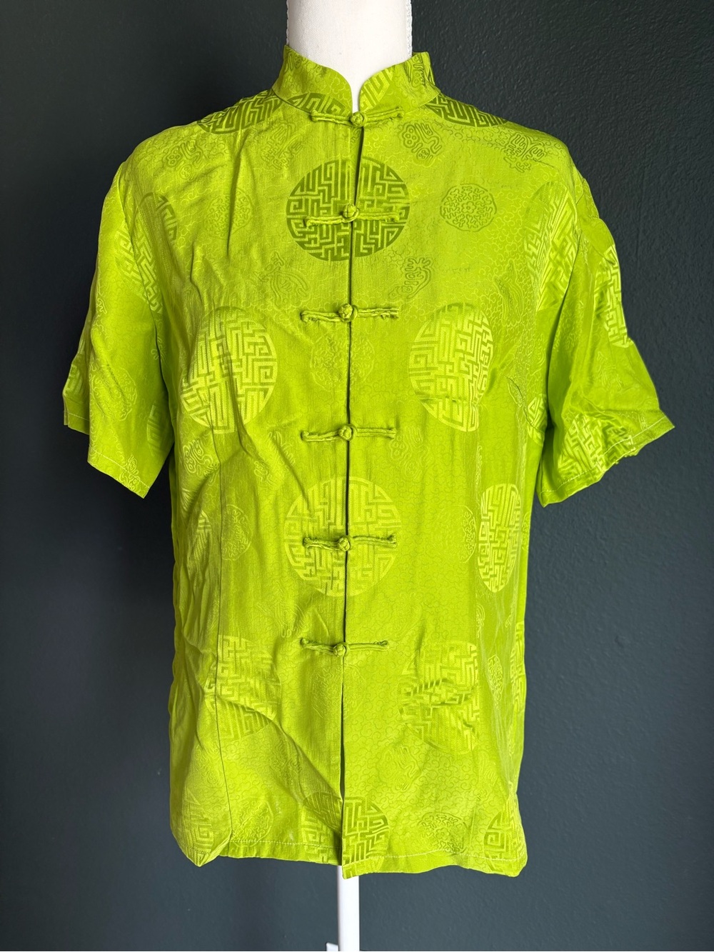 VTG Chartreuse Frog Button Jacquard Blouse Mandarin Collar Top